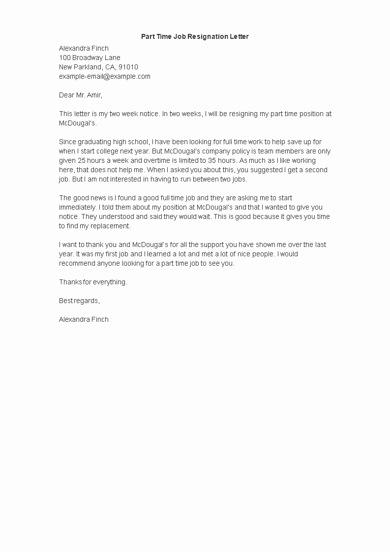 2 Week Notice Letter for Retail Inspirational Part Time Job Resignation Letter