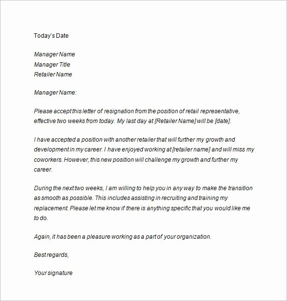 2 Weeks Notice Letter for Retail New Two Weeks Notice Letter 10 Free Sample Example format