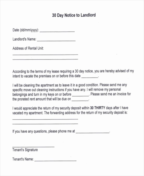 30 Day Move Out Notice to Tenant New Free 8 Sample 30 Day Notice to Landlord forms In Pdf
