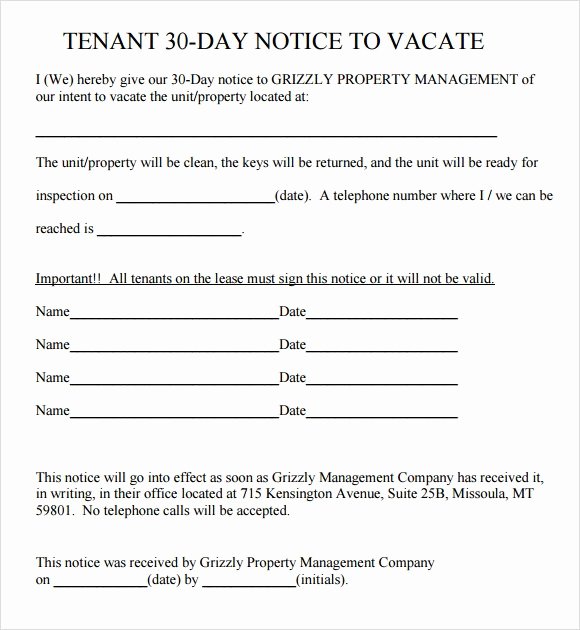 30 Day Notice to Landlord California Sample Fresh 30 Day Notice to Vacate Template