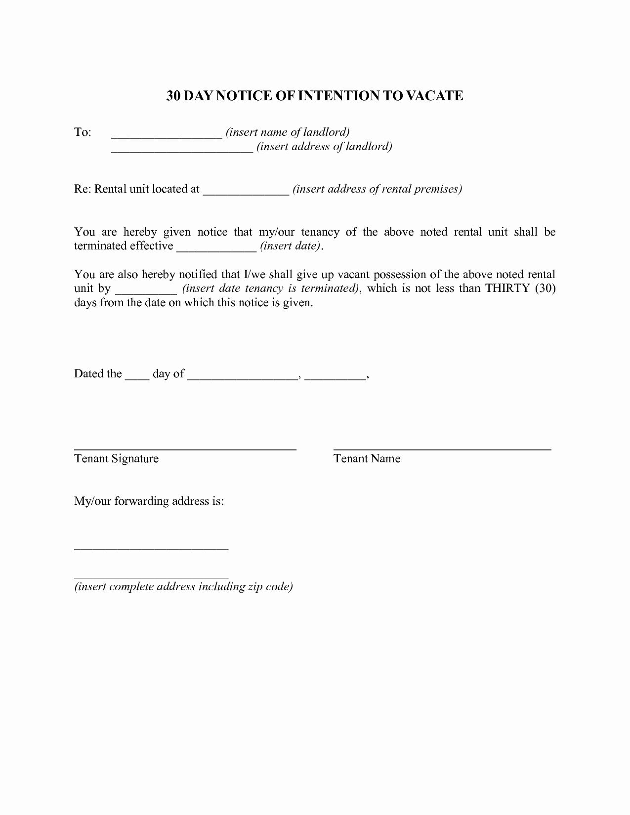  20 30 Day Notice To Landlord California Sample Dannybarrantes 