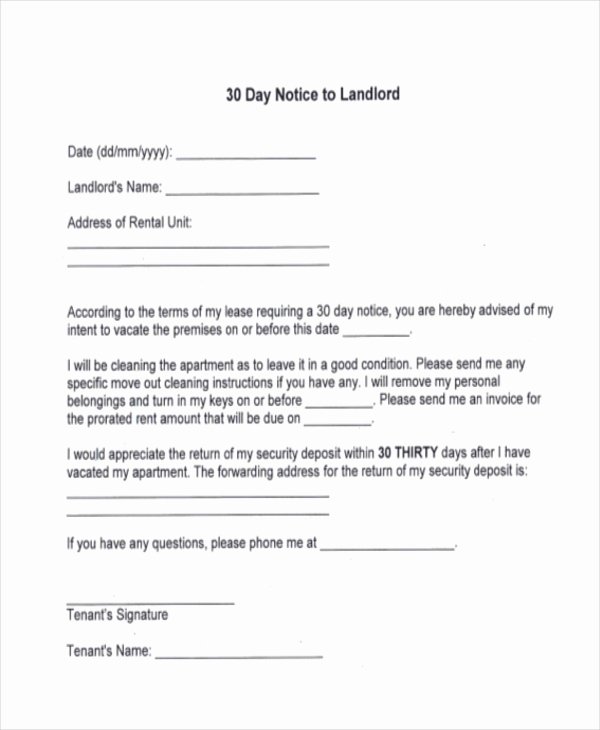 30 Day Notice to Landlord California Sample Inspirational Free 9 Sample 30 Day Notice forms In Pdf