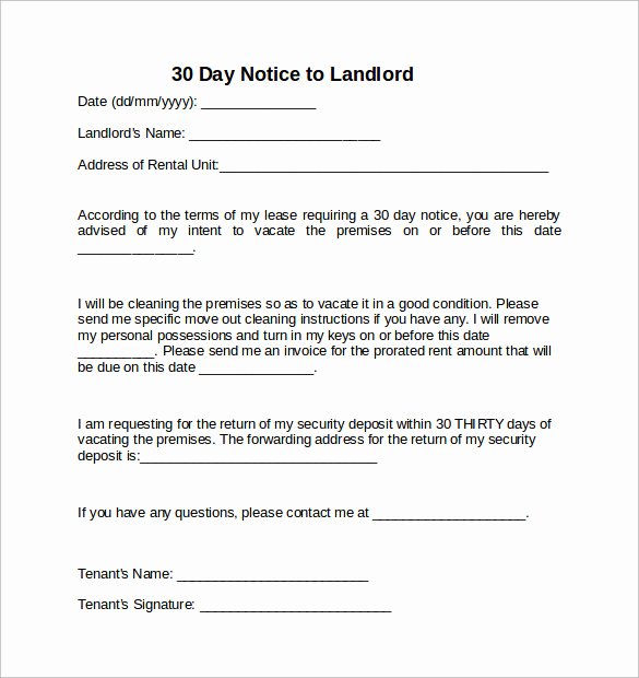 30 Day Notice to Landlord California Sample Unique 30 Day Notice to Landlord Template