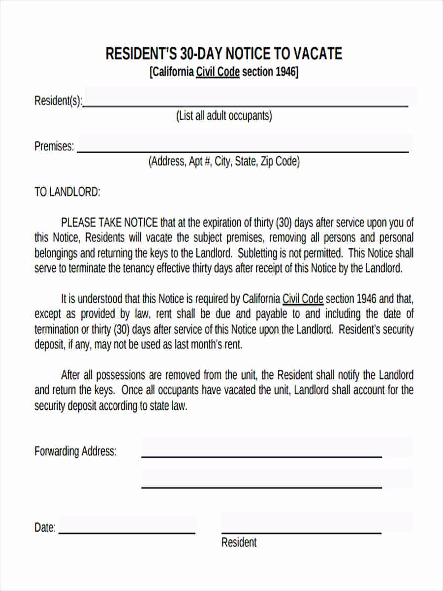 30 Day Notice to Landlord California Unique 30 Day Notice to Vacate form 5 Free Documents In Word Pdf
