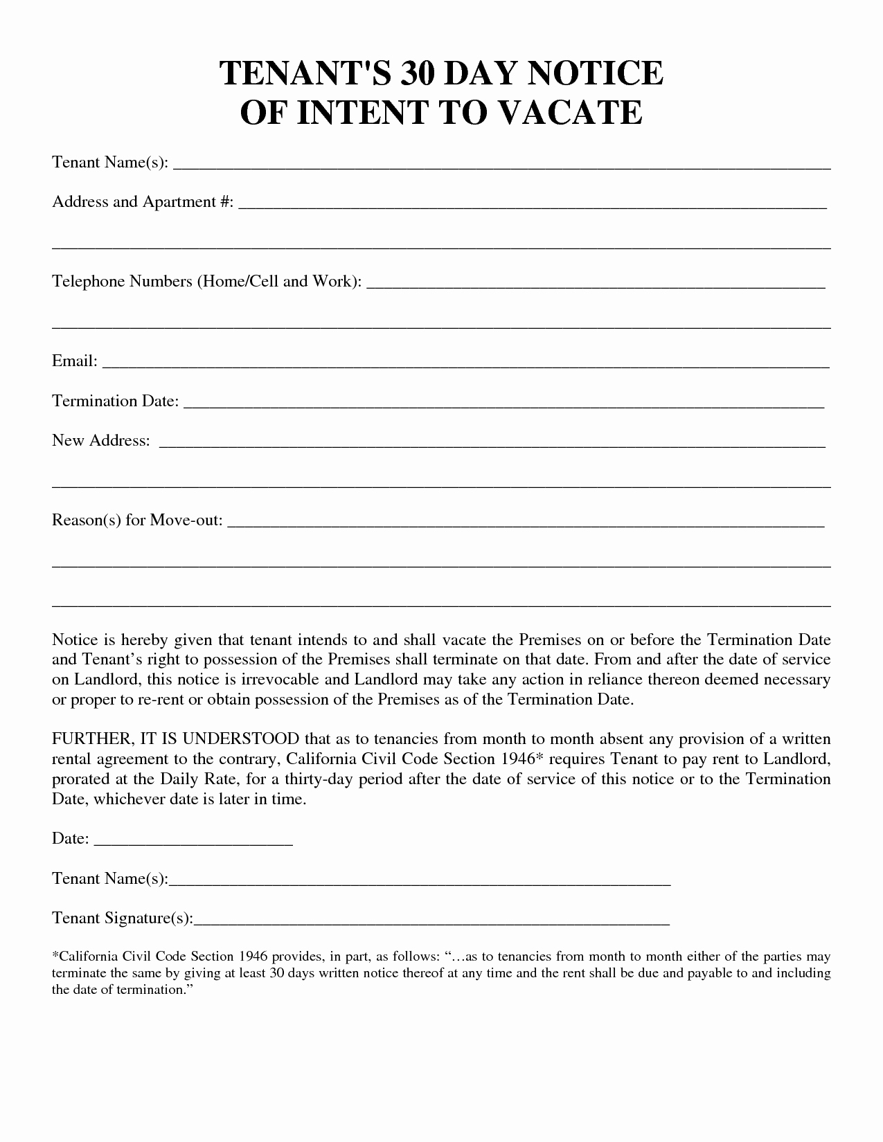 30 Day Notice to Landlord Template Beautiful 30 Day Notice to Vacate Template