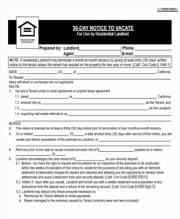 30 Day Notice to Tenant California Template Beautiful Notice form Example