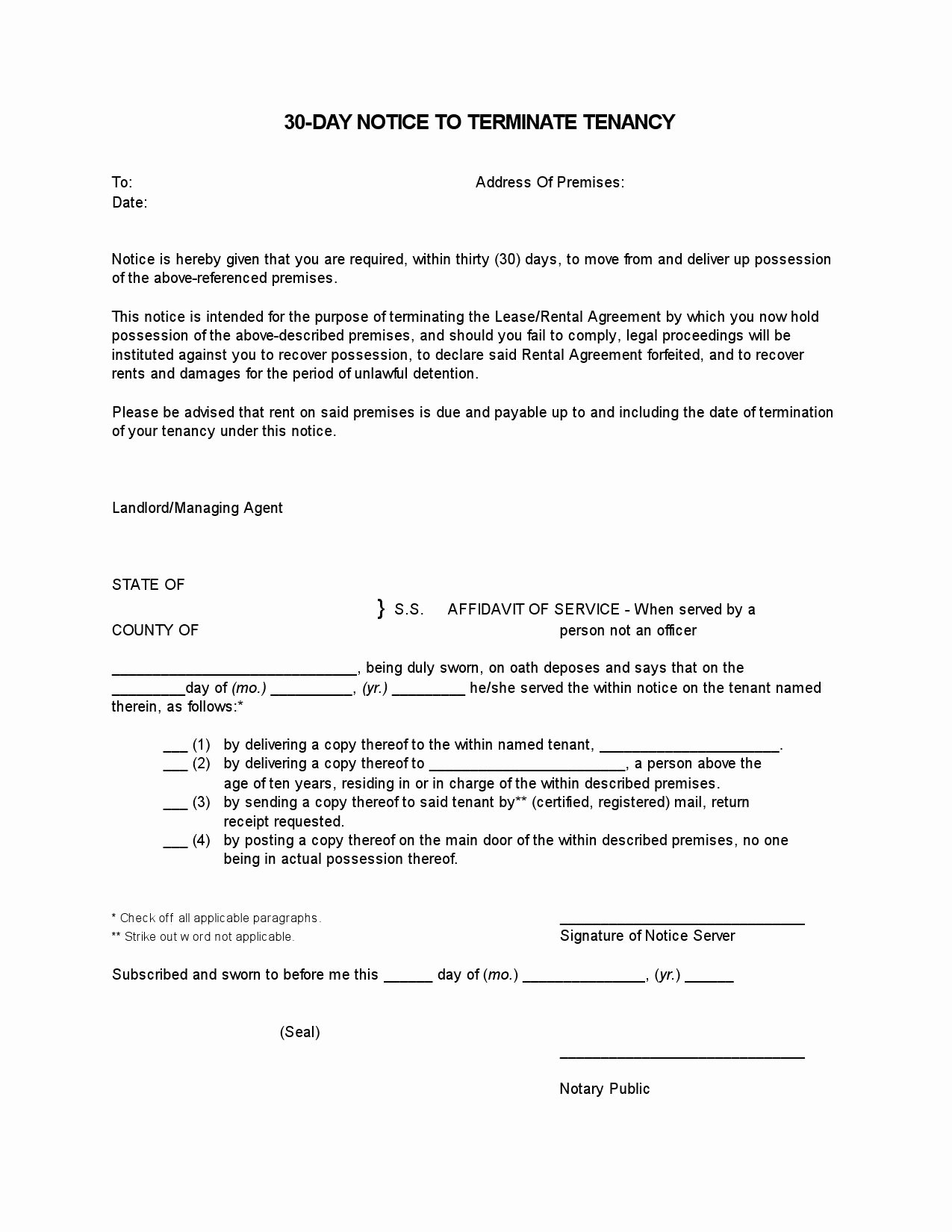 30 Day Notice to Tenant California Template Fresh Free Printable 30 Day Notice to Vacate Terminate Tenancy