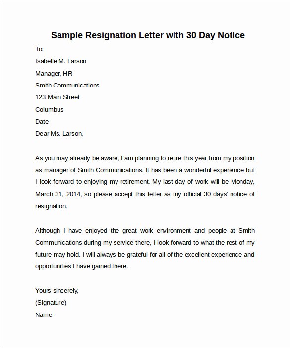 30 Days Notice Sample Letter Awesome Sample 30 Days Notice Letter 7 Free Documents In Word Pdf