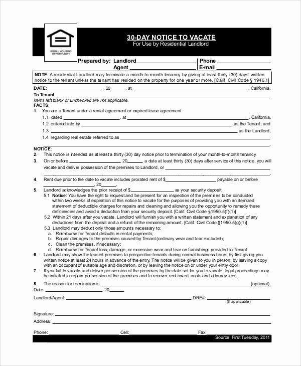 30 Days Notice to Landlord Template Awesome Sample 30 Day Notice 9 Examples In Word Pdf