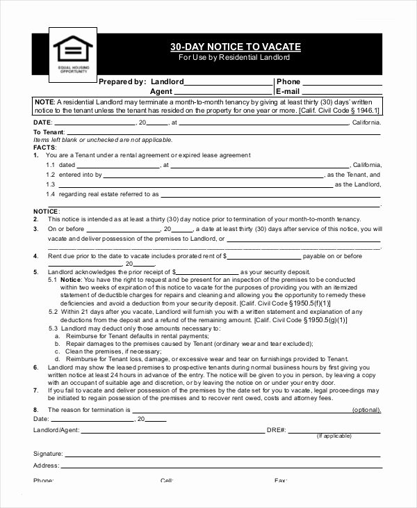 30 Days Notice to Tenant California Elegant 5 Notice to Vacate form Free Download Templates Study