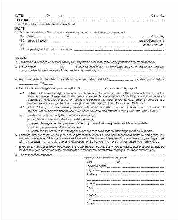 30 Days Notice to Tenant California Unique Sample Month to Month Rental Agreement 7 Examples In