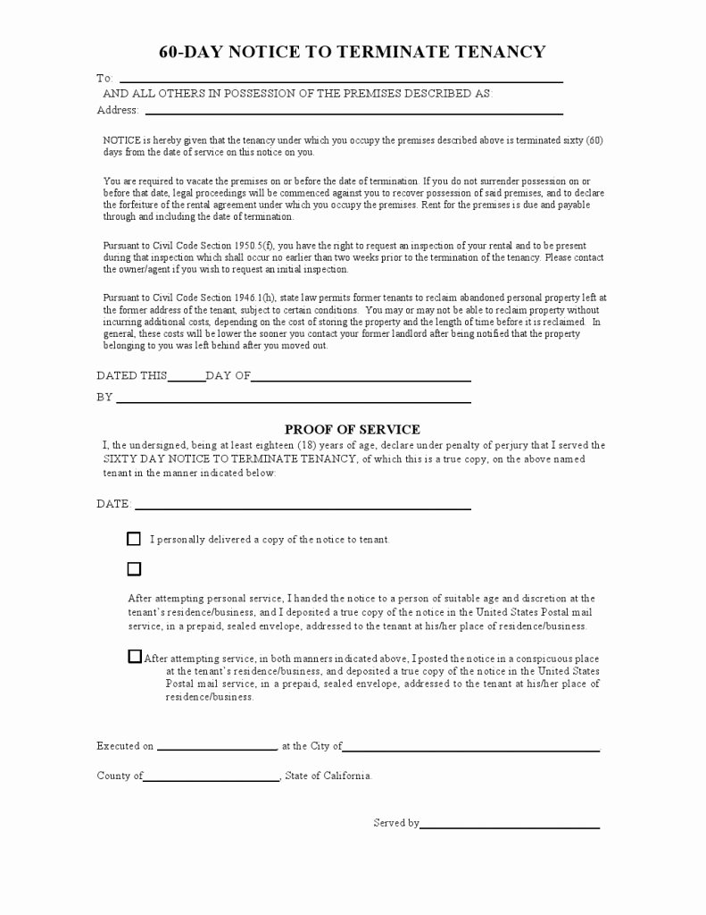 60 Days Notice Letter Fresh Free California 60 Day Notice to Vacate form as Of 2013
