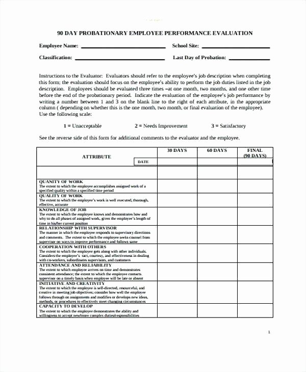 90 Day Probation Period Template New 90 Day Employee Evaluation Template