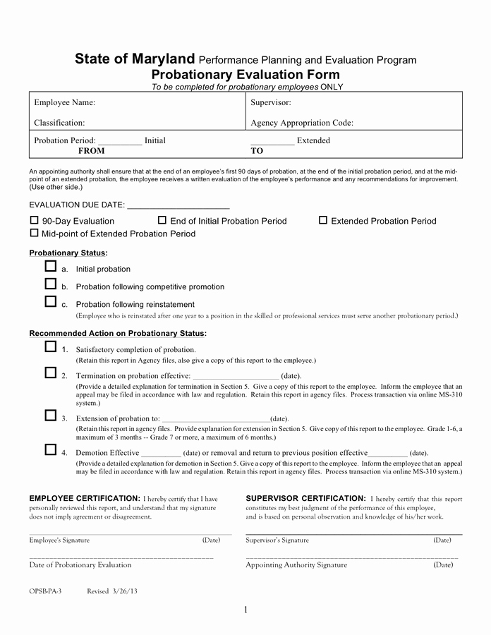 90 Day Probationary Period form Fresh Probationary Evaluation form Maryland In Word and Pdf
