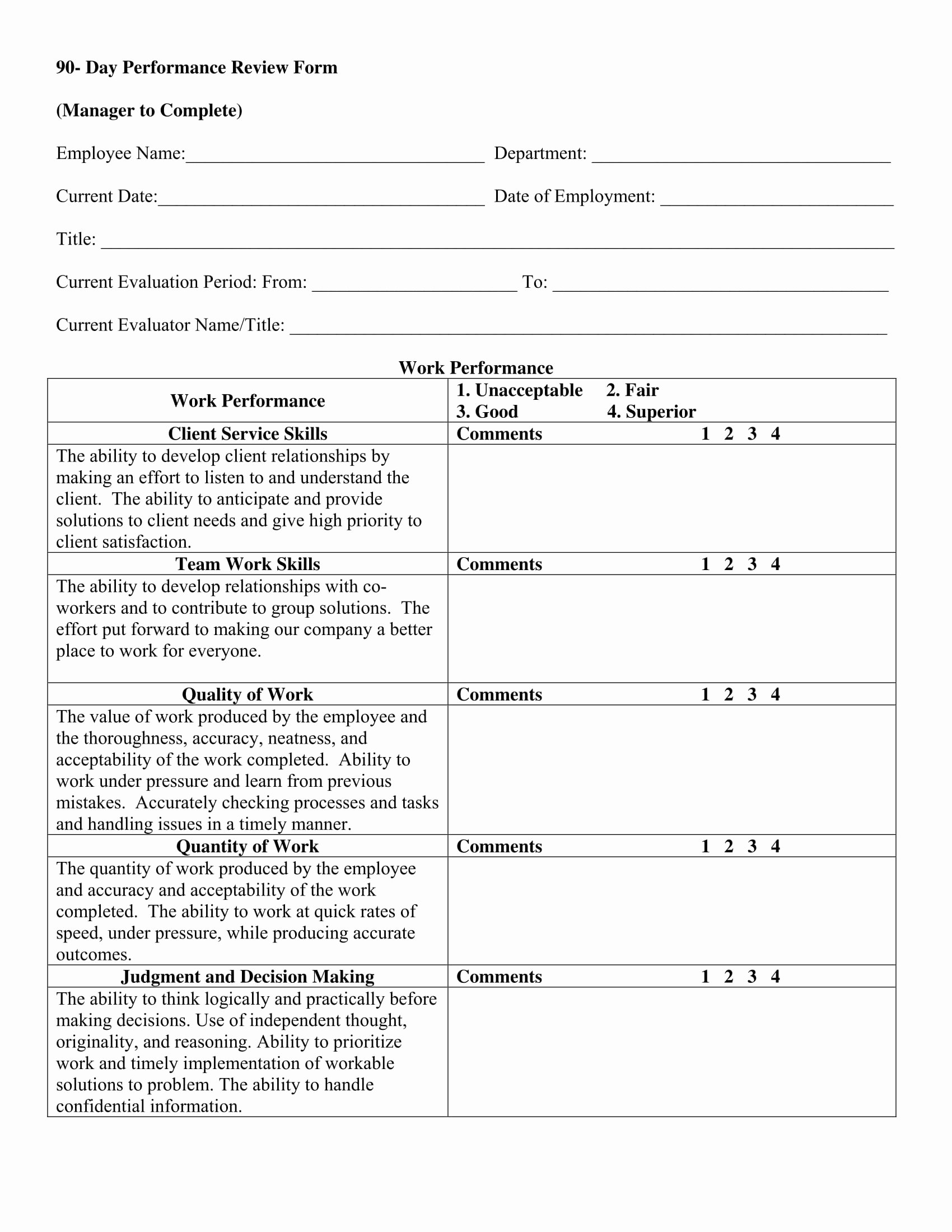  20 90 Day Probationary Period Forms Dannybarrantes Template