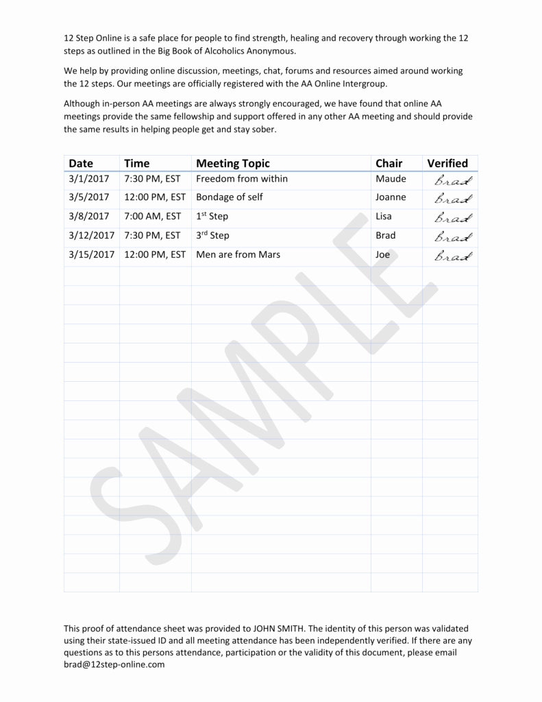 Aa Na attendance Verification Sheet Luxury Line Aa Meeting Proof Of attendance 12 Step Line