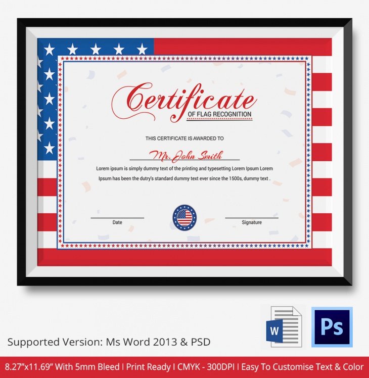 American Flag Certificate Template Awesome Certificate Of Recognition Psd &amp; Word Designs