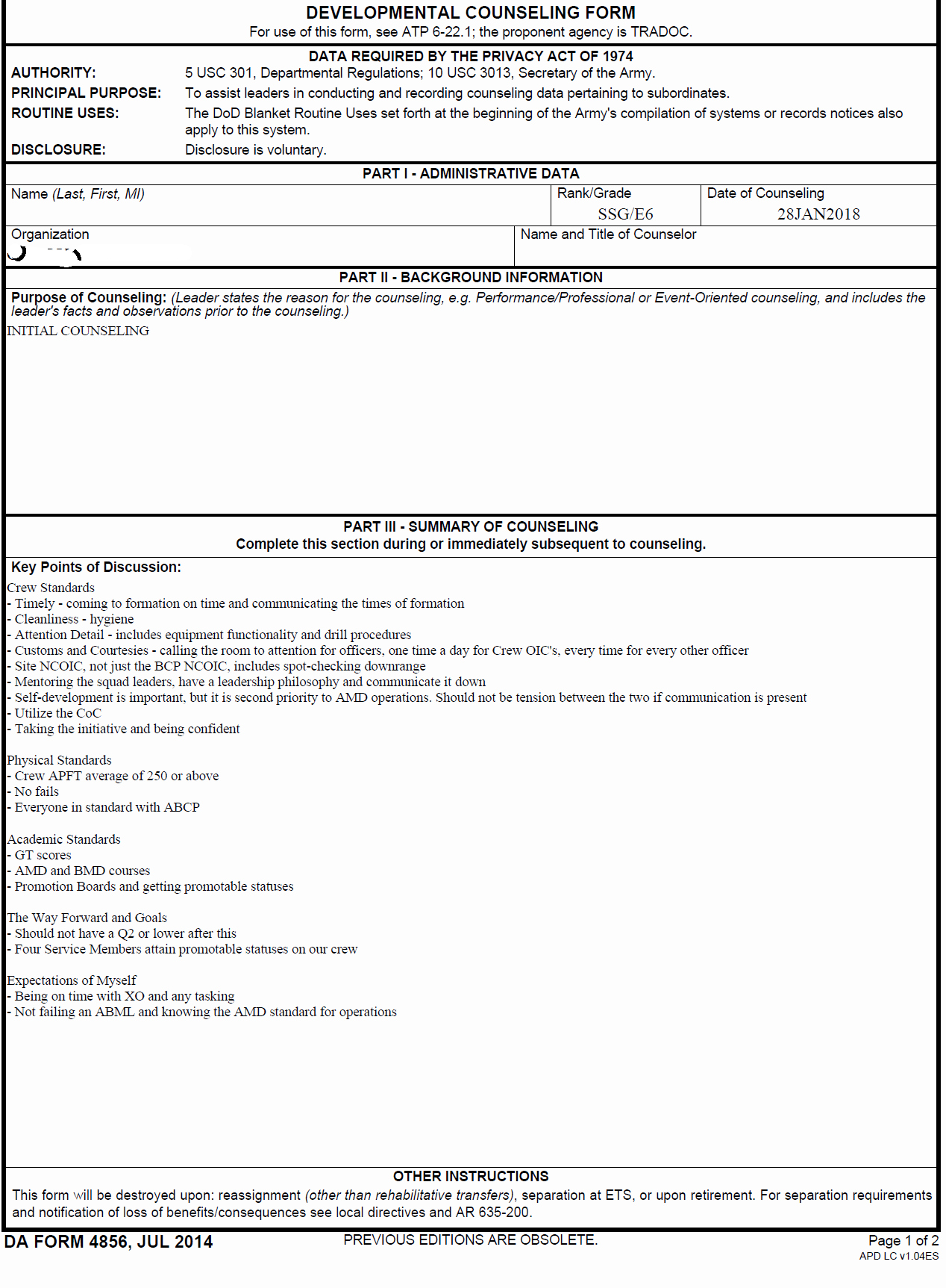 Army Initial Counseling Example Army Military