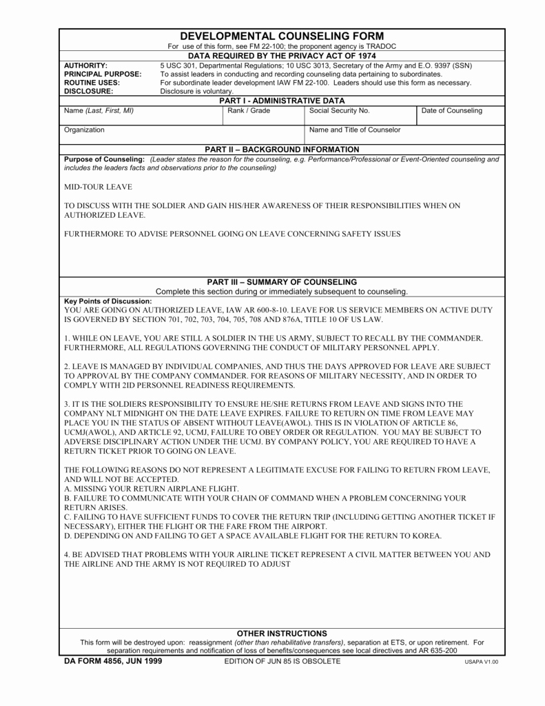 Army Initial Counseling New Developmental Counseling form