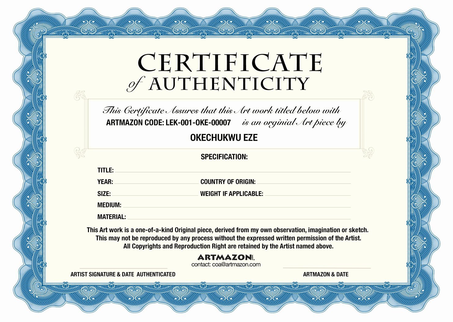 Artwork Certificate Of Authenticity Templates Luxury Coa Certificate Of Authenticity