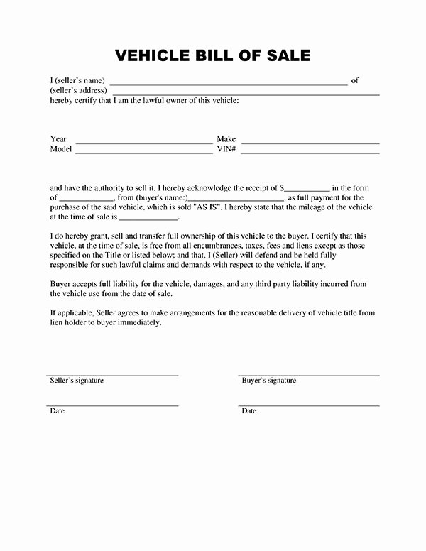 As is Bill Of Sale form for Vehicle Awesome Free Printable Vehicle Bill Of Sale Template form Generic