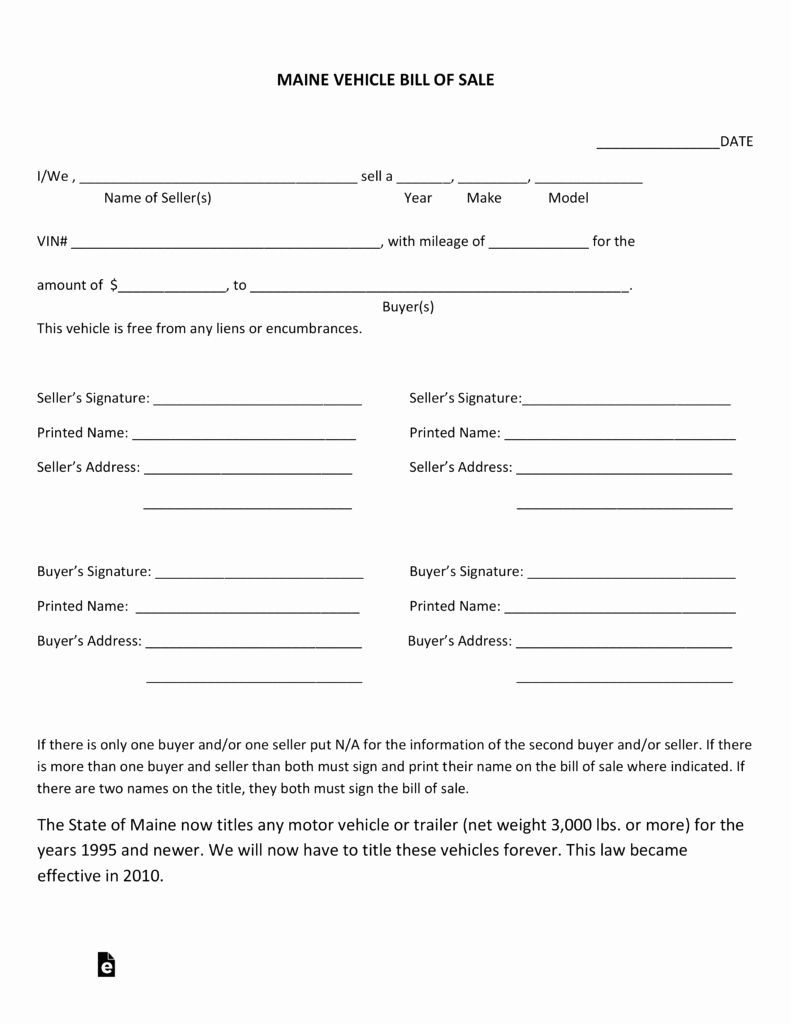 As is Bill Of Sale form for Vehicle Fresh Free Maine Motor Vehicle Bill Of Sale form Pdf