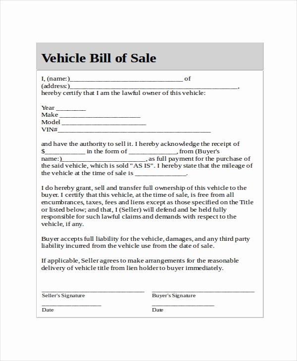 As is Bill Of Sale form for Vehicle Fresh Generic Bill Of Sale Template 17 Free Word Pdf