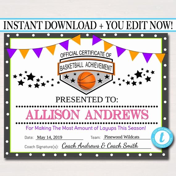 editable basketball certificates instant
