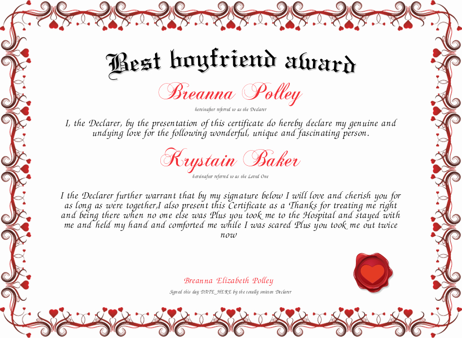 Best Boyfriend Award Template Best Of Best Boyfriend Award Certificate