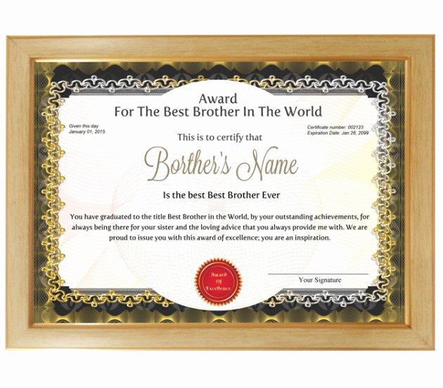Best Boyfriend Of the Year Award New Personalized Award Certificate for Worlds Best Brother