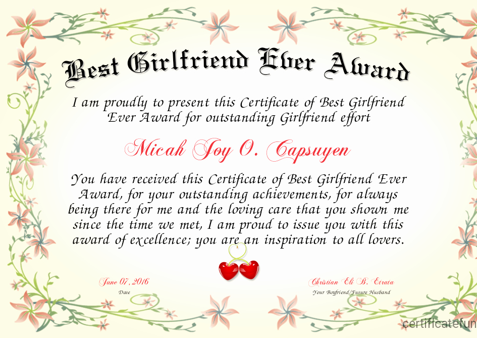 Best Girlfriend Ever Award Awesome Best Girlfriend Ever Award Certificate