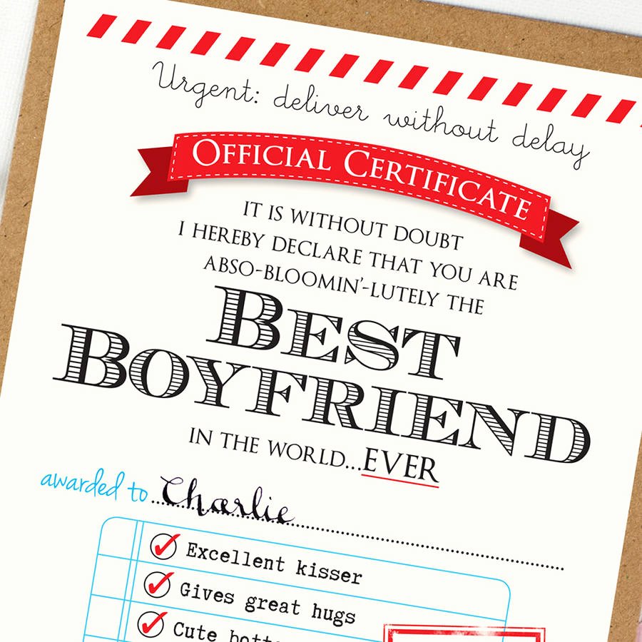 Best Girlfriend Of the Year Award Awesome Personalised Best Boyfriend Certificate by Eskimo Kiss