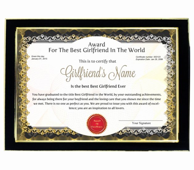 Best Girlfriend Of the Year Award Unique Personalized Award Certificate for Worlds Best Girlfriend