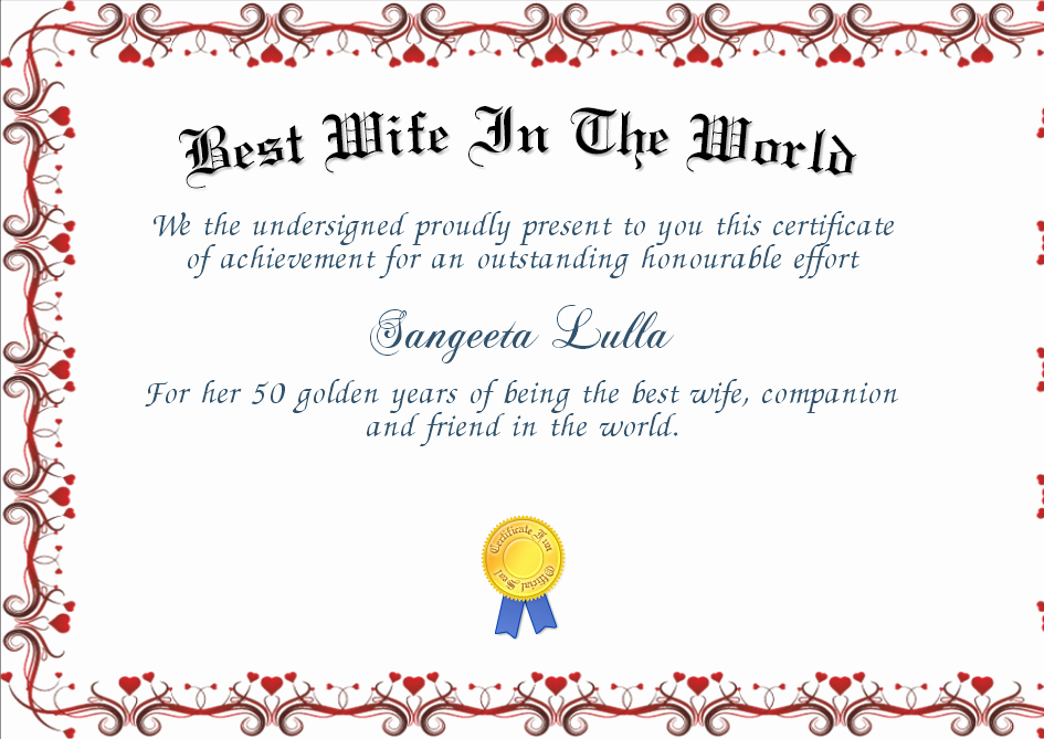 Best Wife Award Certificate Luxury Best Wife In the World Certificate