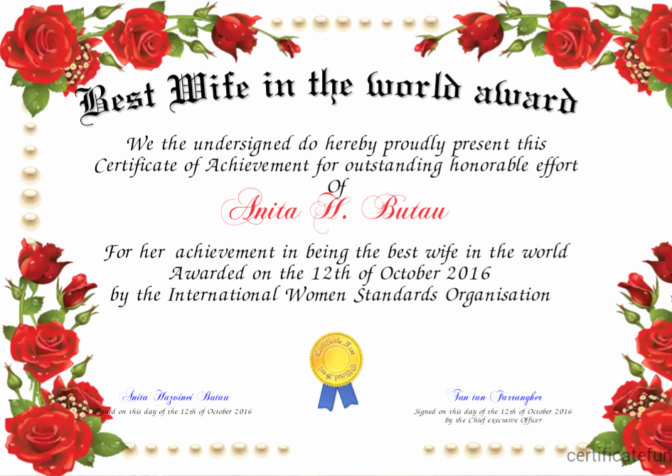 Best Wife Ever Award New Best Wife In the World Award Certificate