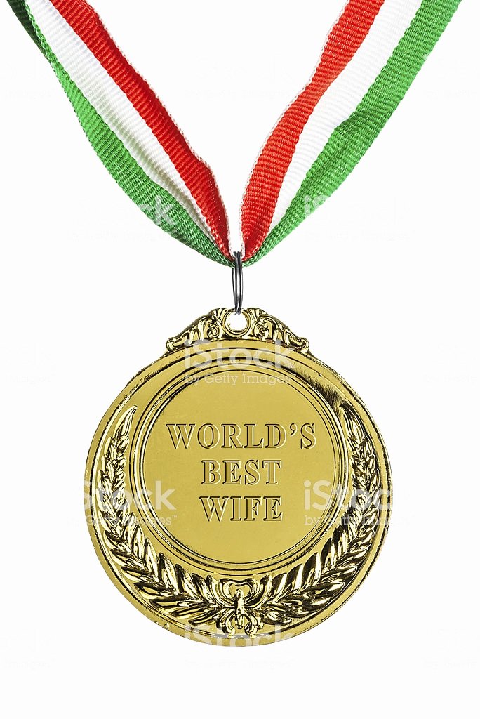 Best Wife In the World Award Elegant Gold Medal isolated White Worlds Best Wife Stock