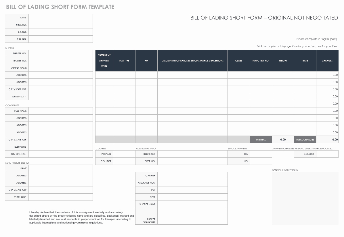 Bill Of Lading Short form Template Best Of Free Bill Of Lading Templates