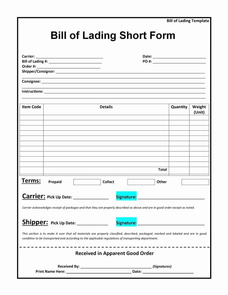 Bill Of Lading Short form Template Elegant 40 Free Bill Of Lading forms &amp; Templates Template Lab
