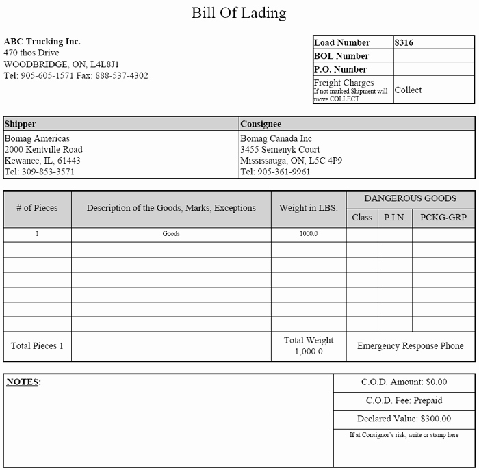 bill of lading form