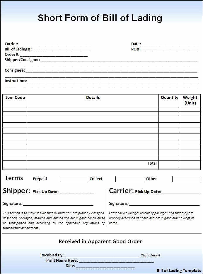 Bill Of Lading Short form Template Unique Bill Of Lading Template