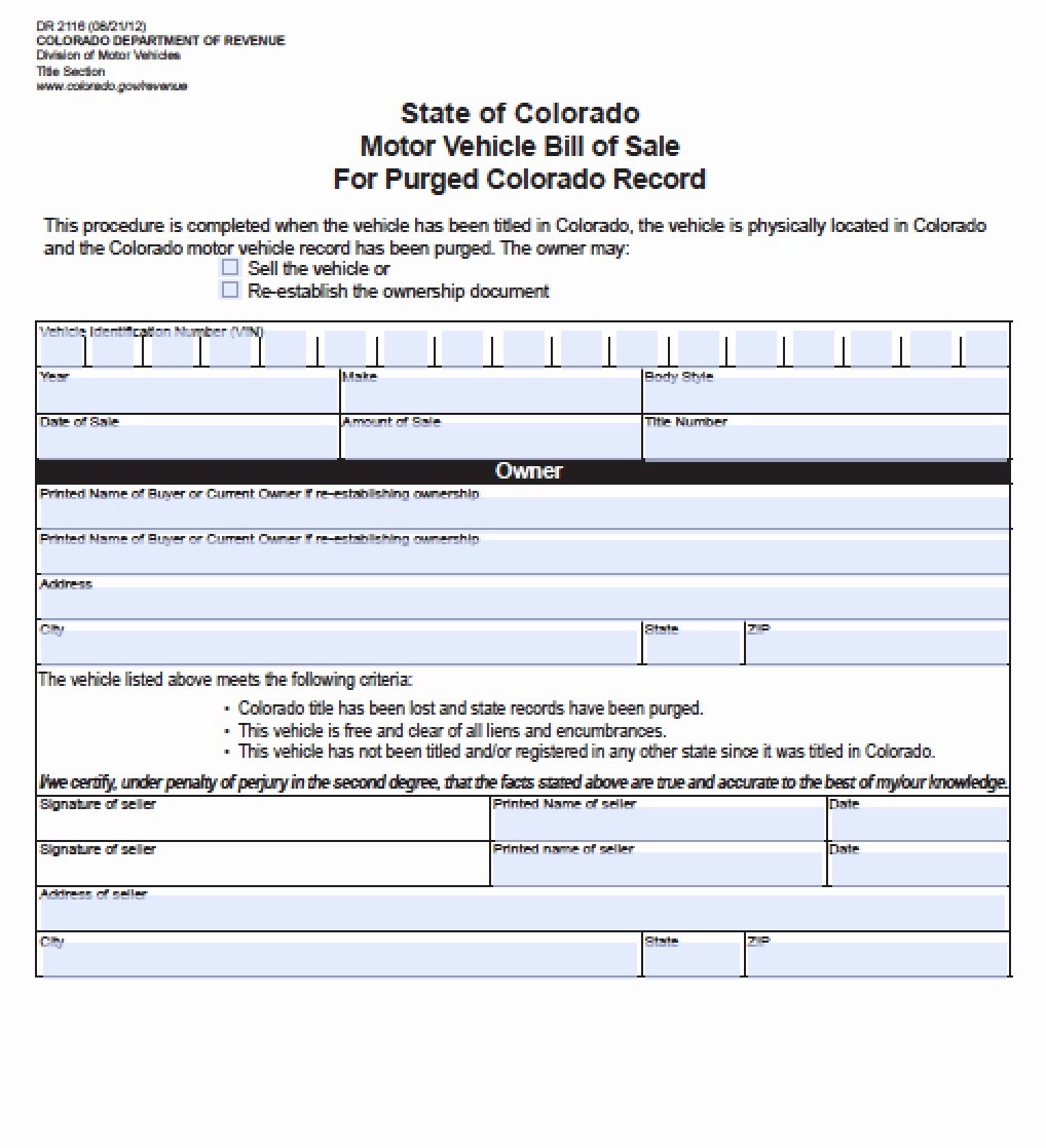 Bill Of Sale Colorado Template Inspirational Free Colorado Vehicle Bill Of Sale for Purged Record