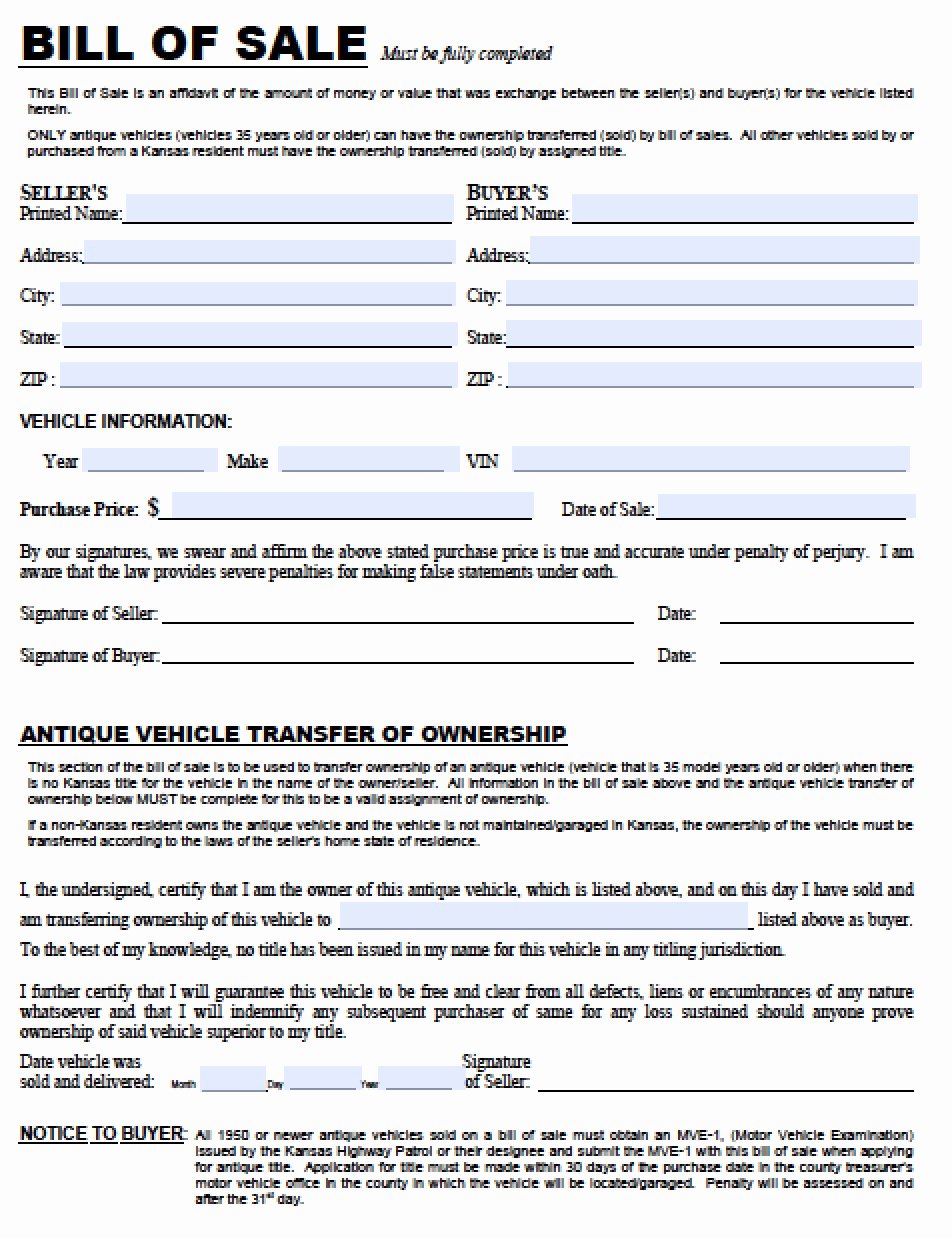 Bill Of Sale Kansas New Free Kansas Dmv Vehicle Bill Of Sale Tr 12 form