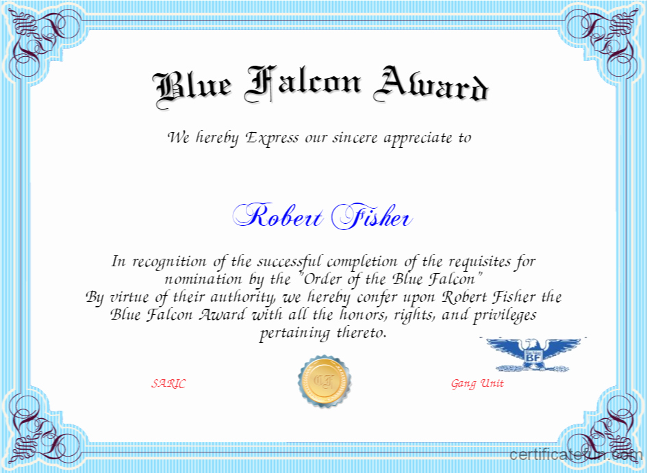 Blue Falcon Award Certificate Pdf Fresh Blue Falcon Award Certificate