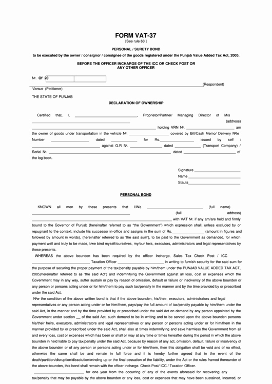 Bond Certificate Template Free Awesome form Vat 37 Personal Surety Bond Printable Pdf