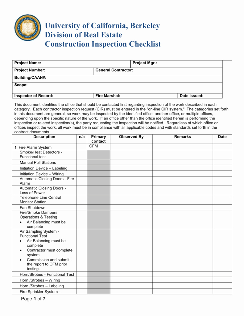 Building Inspection Checklist New Construction Inspection Checklist University Of