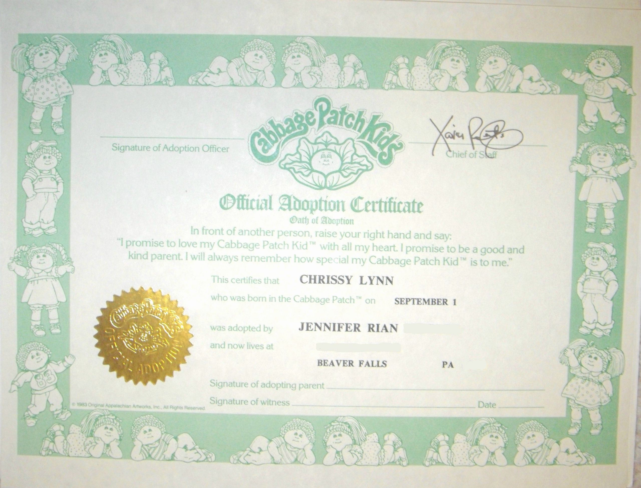 Cabbage Patch Kid Birth Certificate Template Unique 1984 Cabbage Patch Doll Birth Certificate