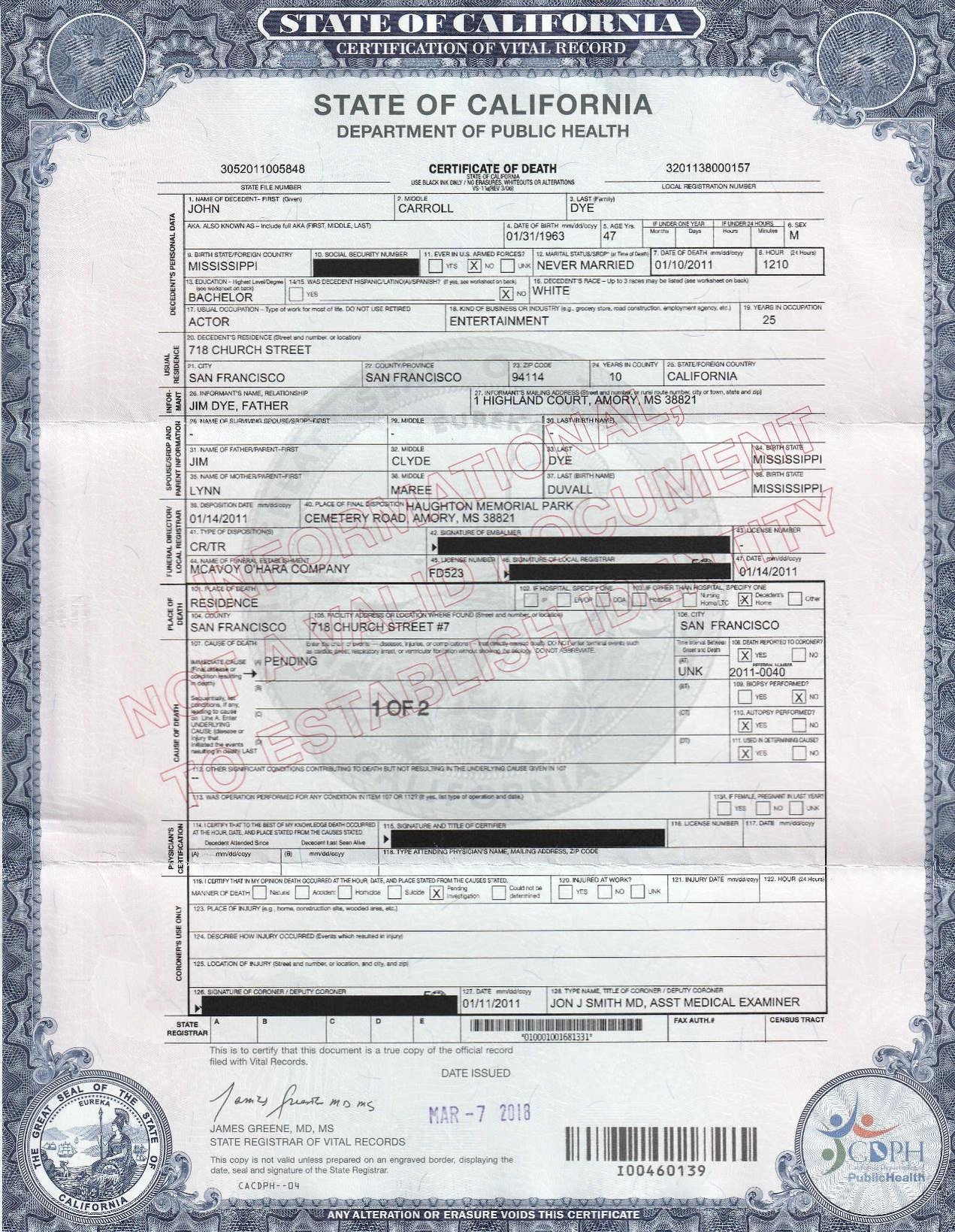 California Birth Certificate Template Inspirational File John Dye Death Certificate Pdf Wikimedia Mons