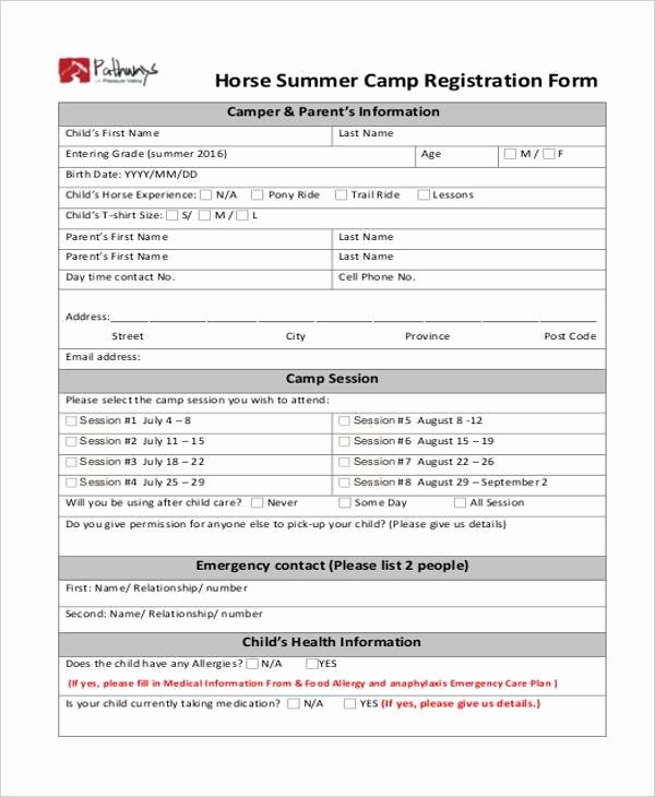 Camp Registration forms Best Of Free 10 Summer Camp Registration form Samples In Sample
