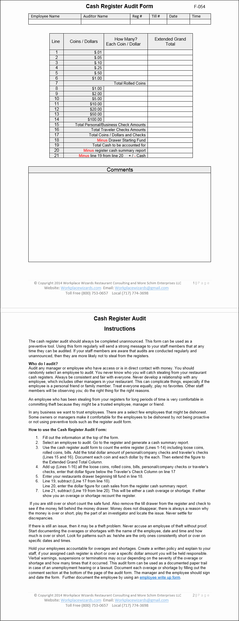 Cash Drawer Check Out Sheet Fresh Cash Register Audit form Workplace Wizards Restaurant