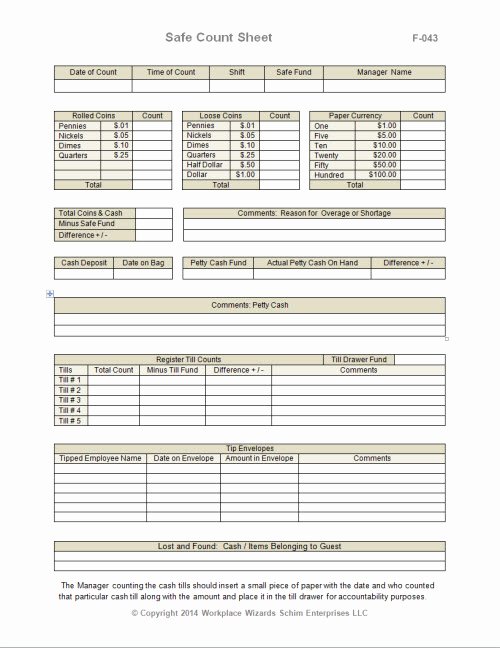 Cash Drawer Count Sheet Excel Elegant Safe Count Sheet Workplace Wizards Restaurant Consulting